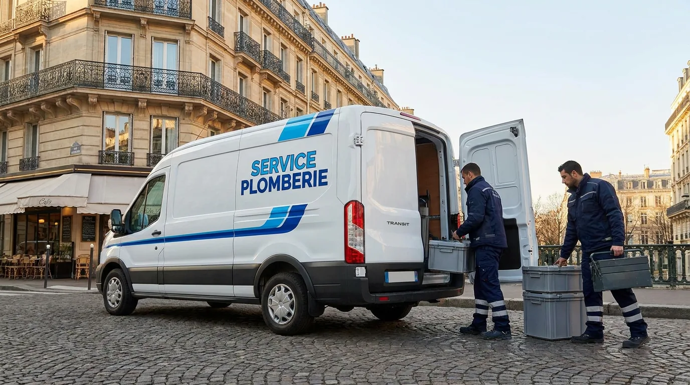 Camion ACS Plomberie en intervention dans une rue parisienne haussmannienne